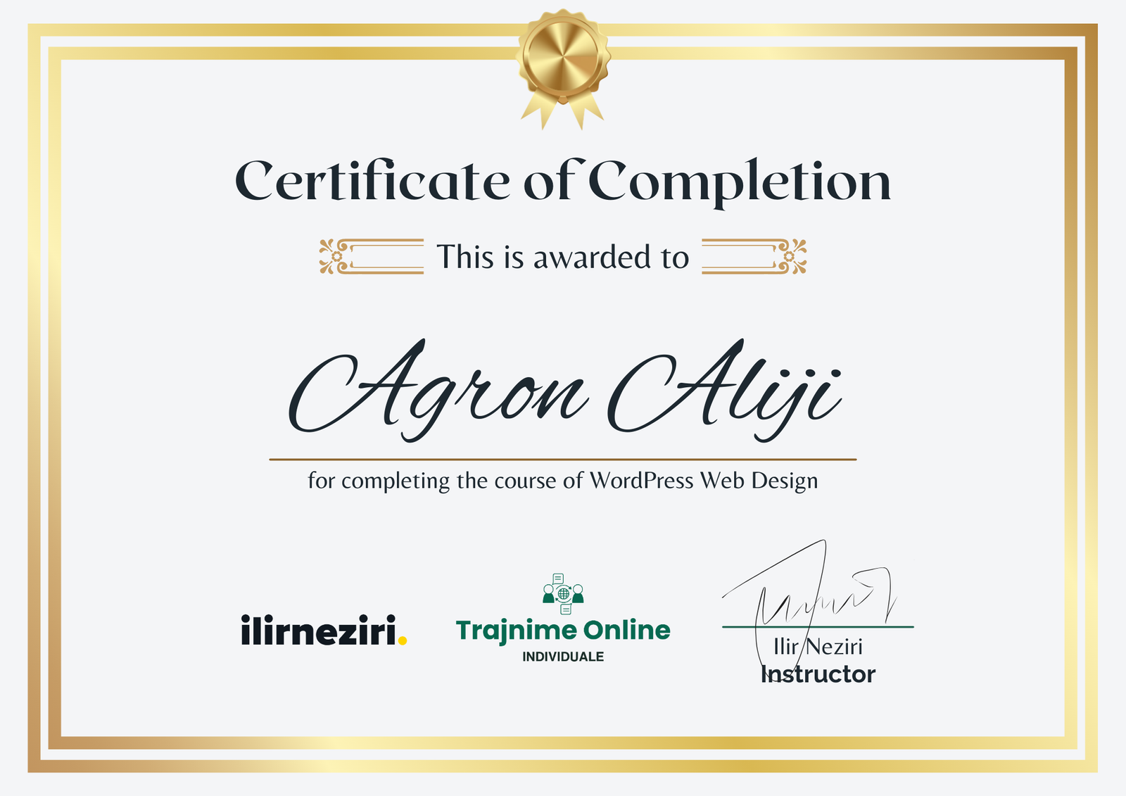 Agron Aliji - Trajnime Online individuale - Certificate