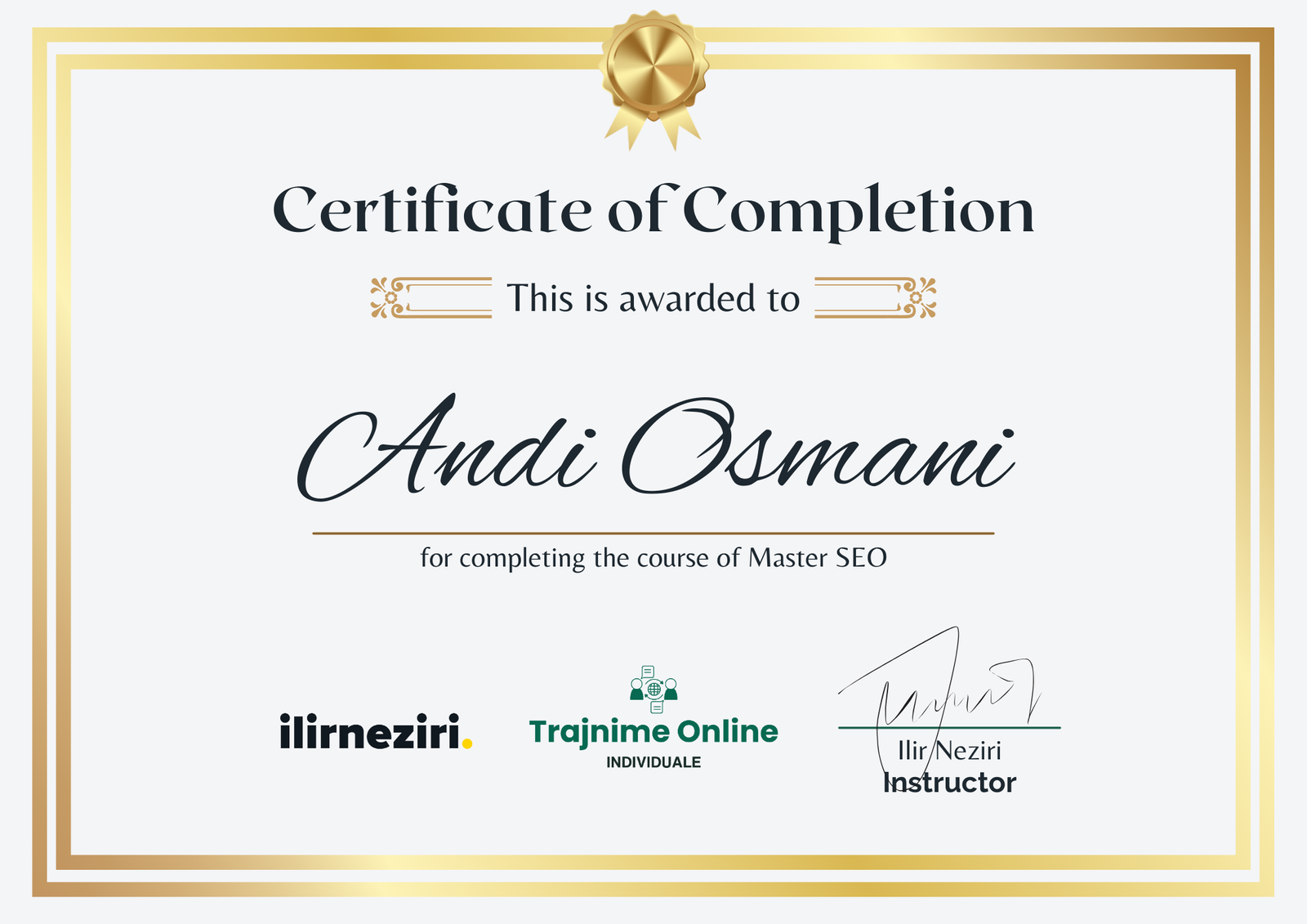 Andi Osmani - Trajnime Online individuale - Certificate