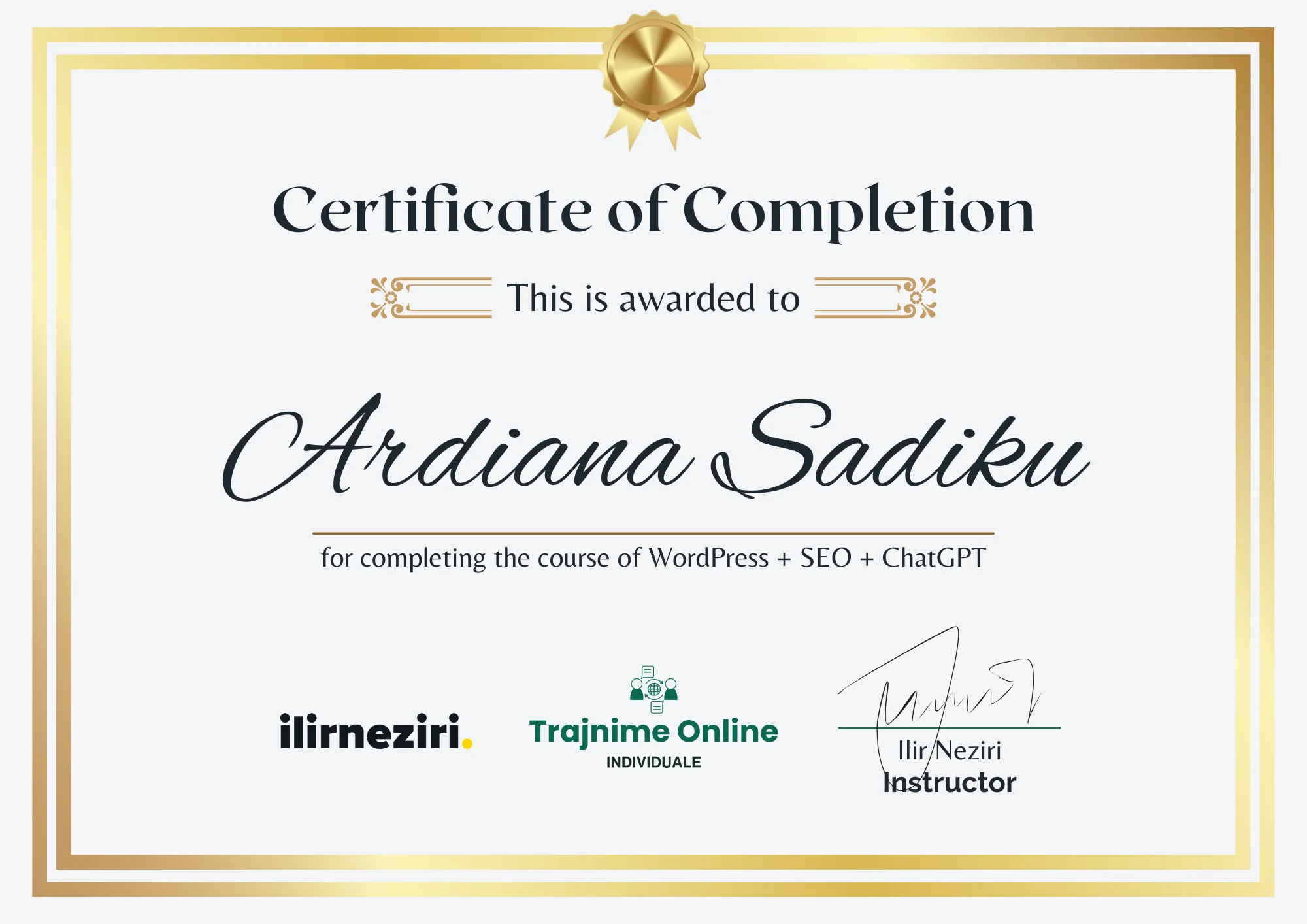 Ardiana Sadiku - Certificate